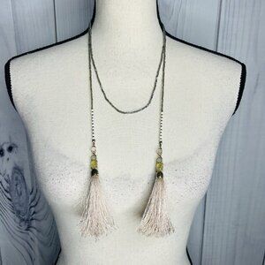Long Beaded Boutique 51" Necklace Double Champagne Tassel Pendants Adjustable
